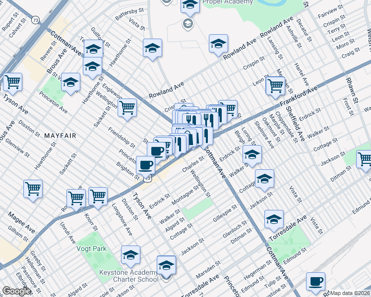 map of restaurants, bars, coffee shops, grocery stores, and more near in Philadelphia