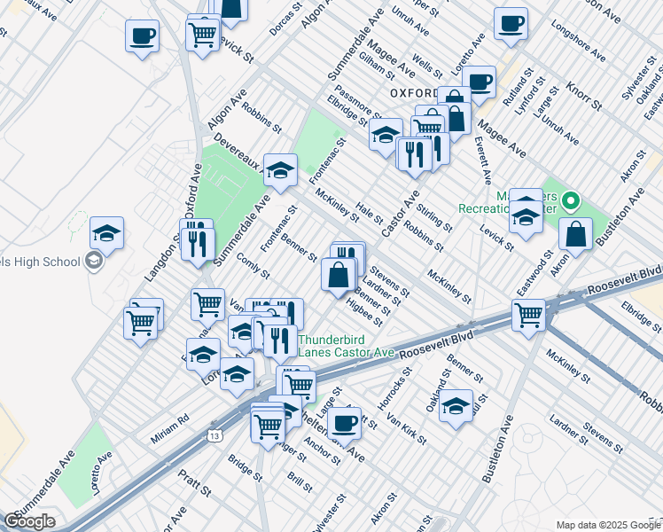 map of restaurants, bars, coffee shops, grocery stores, and more near 6104 Alma Street in Philadelphia