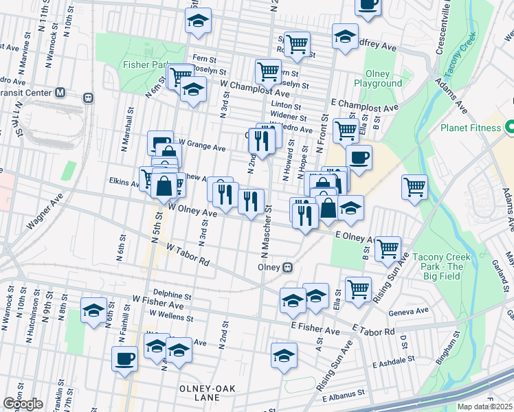 map of restaurants, bars, coffee shops, grocery stores, and more near 5621 North Palethorp Street in Philadelphia
