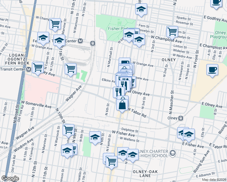 map of restaurants, bars, coffee shops, grocery stores, and more near 538 West Olney Avenue in Philadelphia