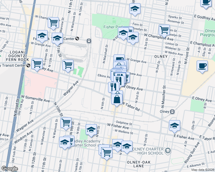 map of restaurants, bars, coffee shops, grocery stores, and more near 538 West Olney Avenue in Philadelphia