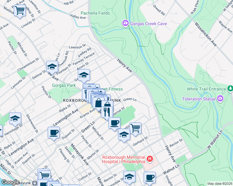 map of restaurants, bars, coffee shops, grocery stores, and more near 6172 Lawnton Street in Philadelphia