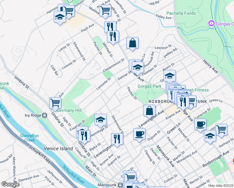 map of restaurants, bars, coffee shops, grocery stores, and more near 364 Fairway Terrace in Philadelphia