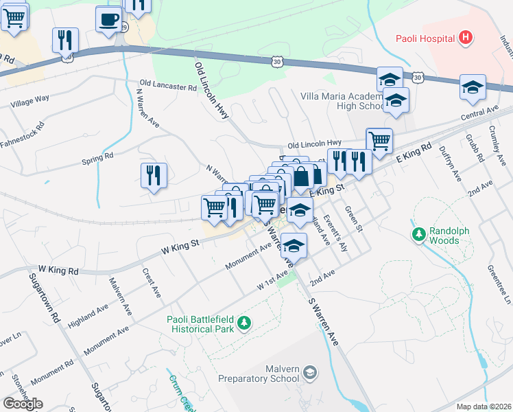 map of restaurants, bars, coffee shops, grocery stores, and more near in Malvern