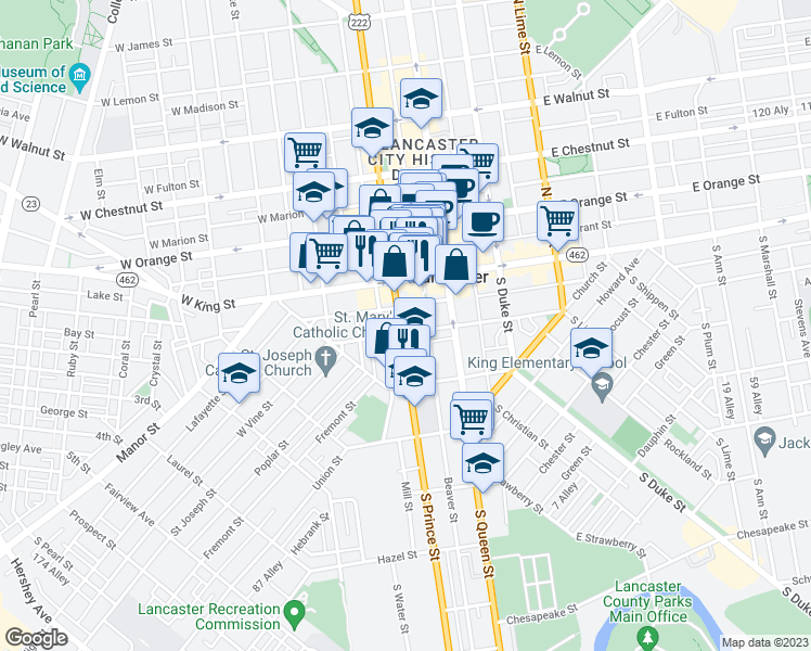 map of restaurants, bars, coffee shops, grocery stores, and more near 38 South Prince Street in Lancaster