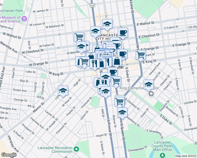 map of restaurants, bars, coffee shops, grocery stores, and more near 38 South Prince Street in Lancaster