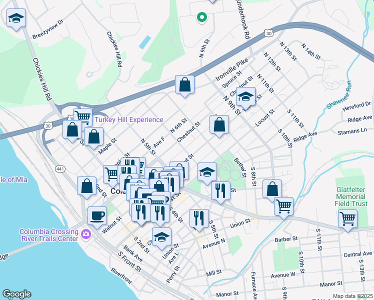 map of restaurants, bars, coffee shops, grocery stores, and more near 568 Chestnut Street in Columbia