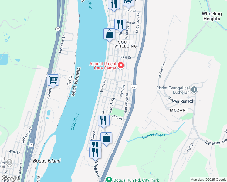 map of restaurants, bars, coffee shops, grocery stores, and more near 4338 Jacob Street in Wheeling