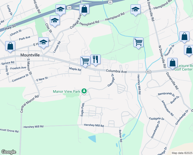 map of restaurants, bars, coffee shops, grocery stores, and more near 410 East New Street in Mountville