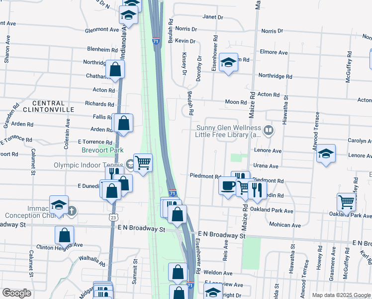 map of restaurants, bars, coffee shops, grocery stores, and more near 3507 Beulah Road in Columbus
