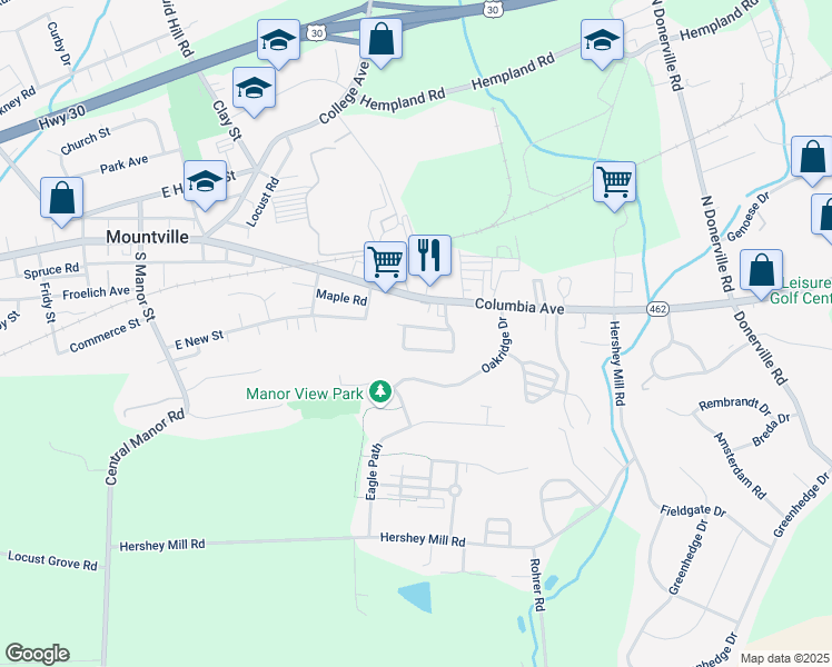 map of restaurants, bars, coffee shops, grocery stores, and more near 404 East New Street in Mountville