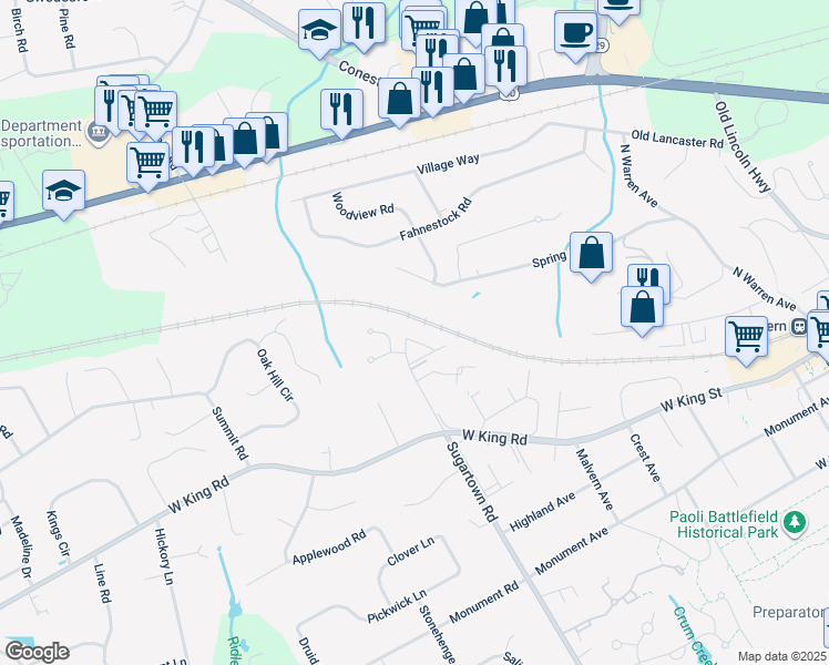 map of restaurants, bars, coffee shops, grocery stores, and more near 103 Inis Way in Malvern