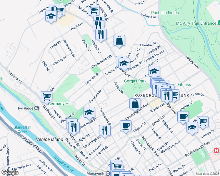 map of restaurants, bars, coffee shops, grocery stores, and more near 366 Fairway Terrace in Philadelphia