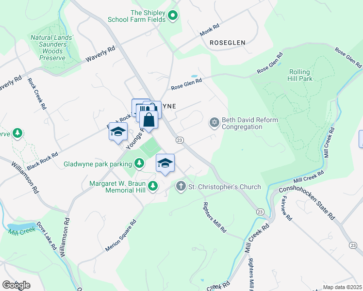 map of restaurants, bars, coffee shops, grocery stores, and more near 302 Conshohocken State Road in Gladwyne
