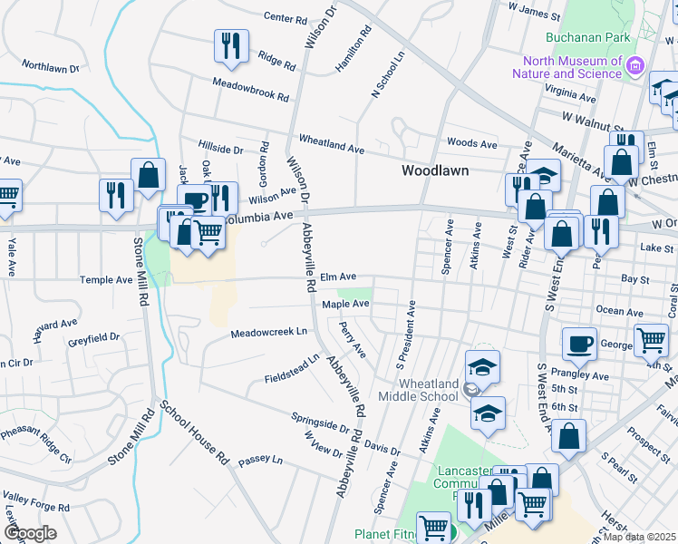 map of restaurants, bars, coffee shops, grocery stores, and more near 1229 Elm Avenue in Lancaster