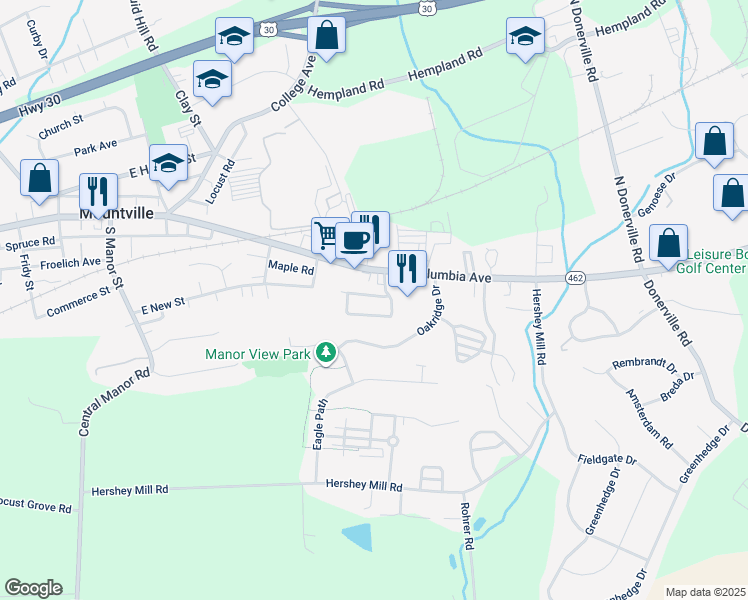map of restaurants, bars, coffee shops, grocery stores, and more near 410 East New Street in Mountville