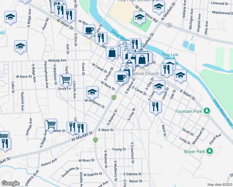map of restaurants, bars, coffee shops, grocery stores, and more near 305 South Market Street in Troy