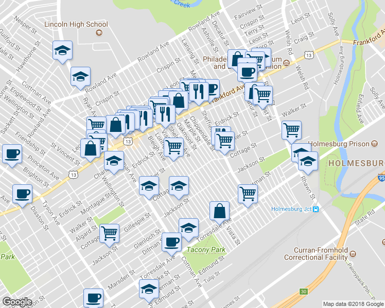 map of restaurants, bars, coffee shops, grocery stores, and more near 4307 Shelmire Avenue in Philadelphia