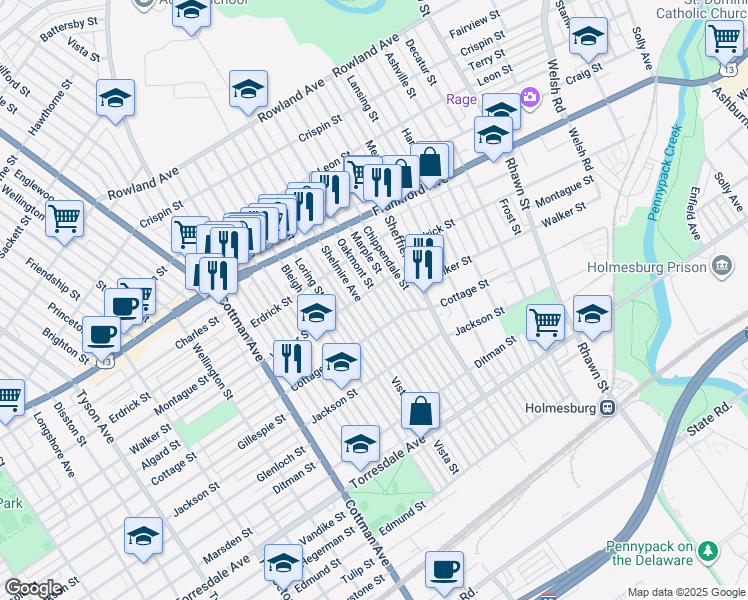 map of restaurants, bars, coffee shops, grocery stores, and more near 4310 Oakmont Street in Philadelphia