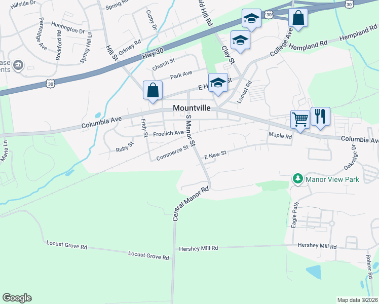 map of restaurants, bars, coffee shops, grocery stores, and more near 210 S Manor St in Mountville
