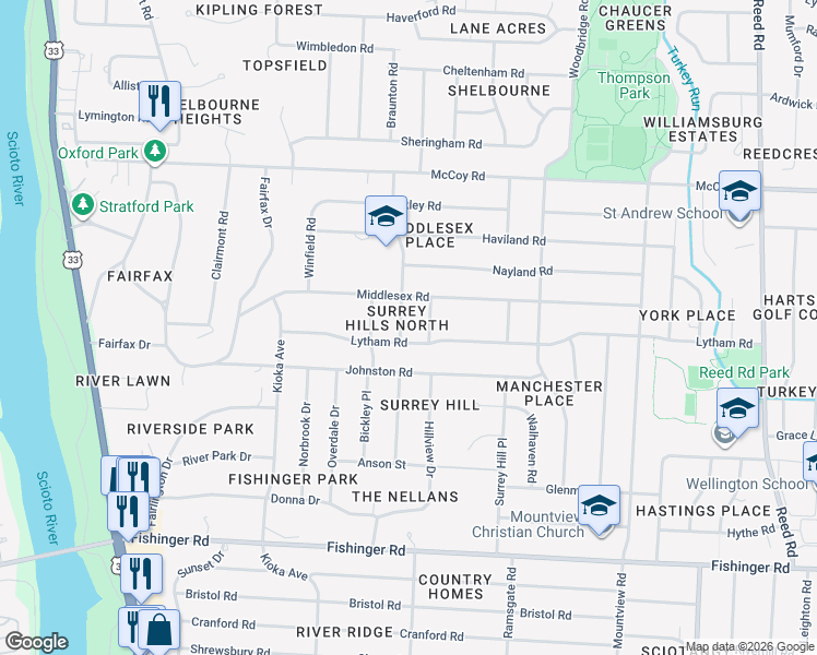 map of restaurants, bars, coffee shops, grocery stores, and more near 4006 Windermere Road in Columbus