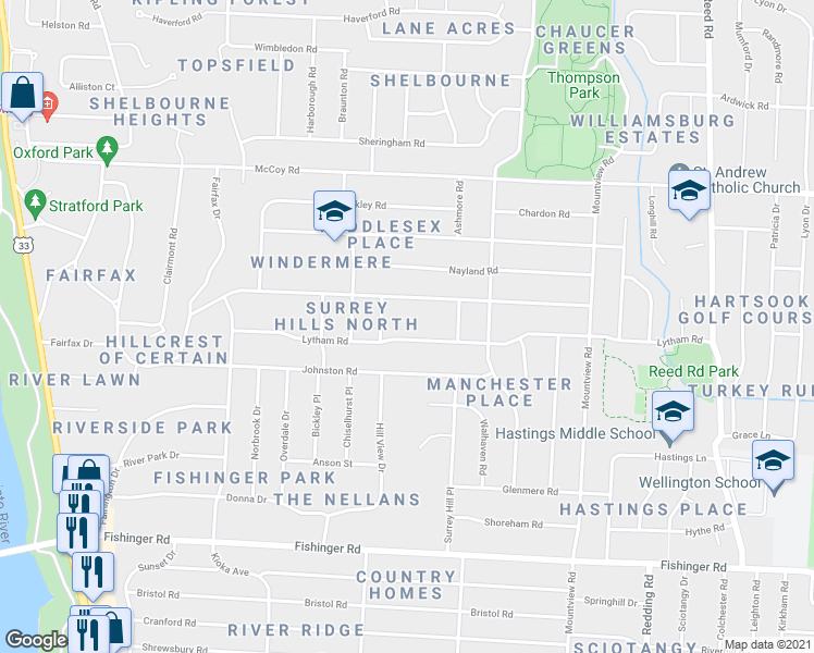 map of restaurants, bars, coffee shops, grocery stores, and more near 2300 Lytham Road in Columbus