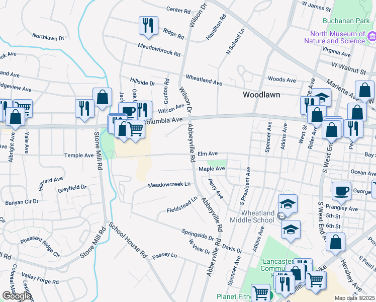 map of restaurants, bars, coffee shops, grocery stores, and more near 80 Abbeyville Road in Lancaster