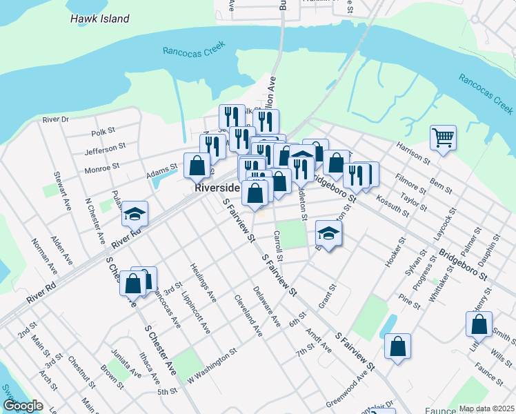map of restaurants, bars, coffee shops, grocery stores, and more near 215 South Pavilion Avenue in Riverside