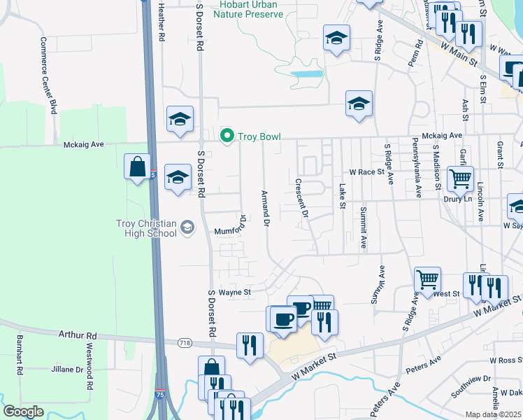 map of restaurants, bars, coffee shops, grocery stores, and more near 410 Armand Drive in Troy