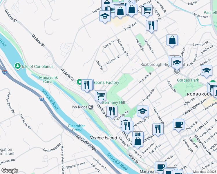 map of restaurants, bars, coffee shops, grocery stores, and more near 177 Parker Avenue in Philadelphia