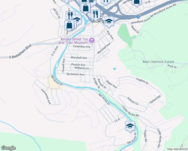 map of restaurants, bars, coffee shops, grocery stores, and more near 249 Kruger Street in Wheeling
