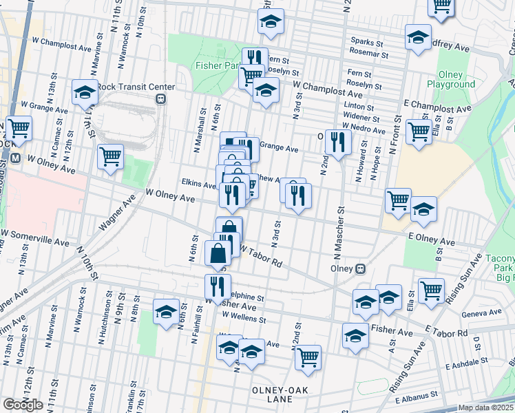 map of restaurants, bars, coffee shops, grocery stores, and more near 409 West Olney Avenue in Philadelphia