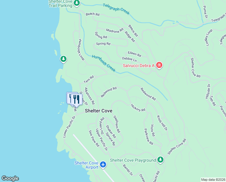 map of restaurants, bars, coffee shops, grocery stores, and more near 802 Redwood Road in Whitethorn