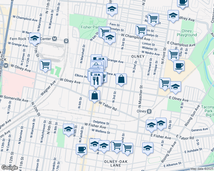 map of restaurants, bars, coffee shops, grocery stores, and more near 407 West Olney Avenue in Philadelphia