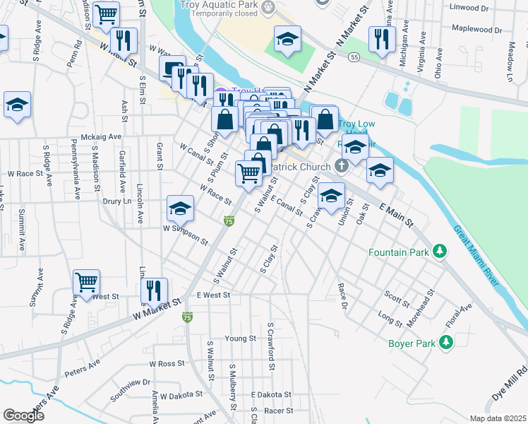 map of restaurants, bars, coffee shops, grocery stores, and more near 100 East Race Street in Troy