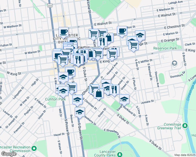 map of restaurants, bars, coffee shops, grocery stores, and more near 319 South Lime Street in Lancaster