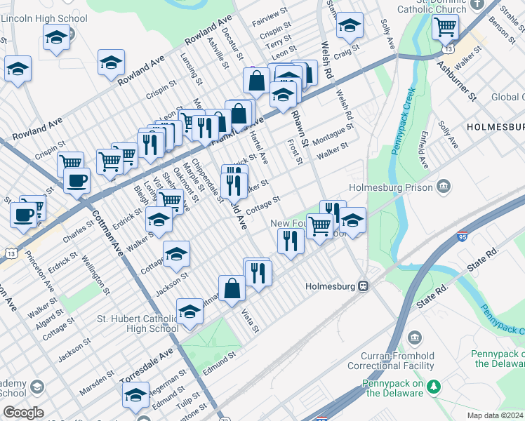 map of restaurants, bars, coffee shops, grocery stores, and more near 7753 Cottage Street in Philadelphia