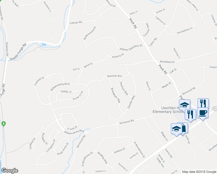 map of restaurants, bars, coffee shops, grocery stores, and more near 425 Brandham Way in Downingtown