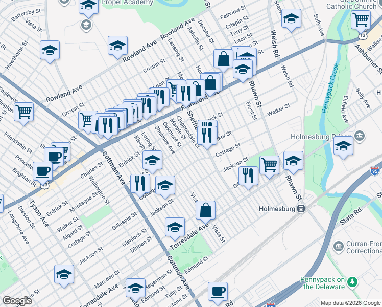 map of restaurants, bars, coffee shops, grocery stores, and more near 4324 Marple Street in Philadelphia