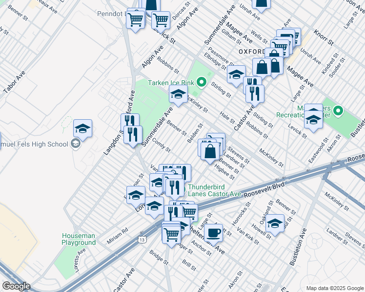 map of restaurants, bars, coffee shops, grocery stores, and more near 6030 Belden Street in Philadelphia