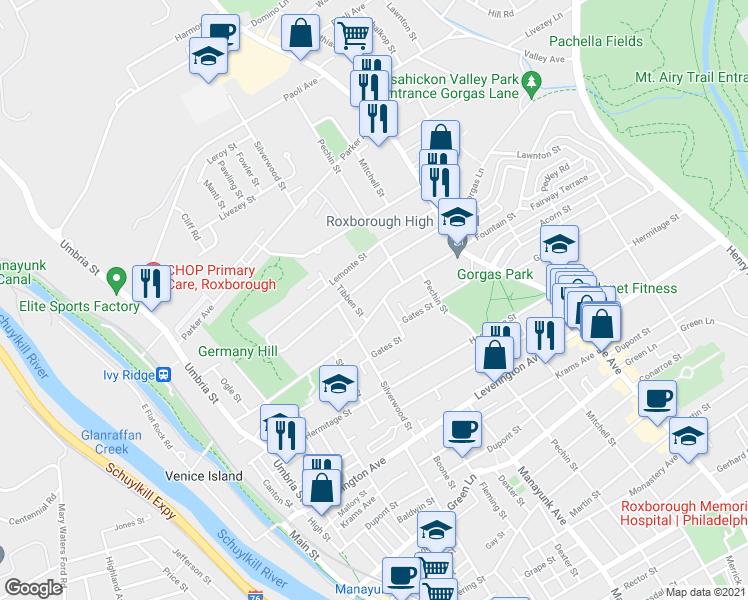 map of restaurants, bars, coffee shops, grocery stores, and more near 284 Fountain Street in Philadelphia
