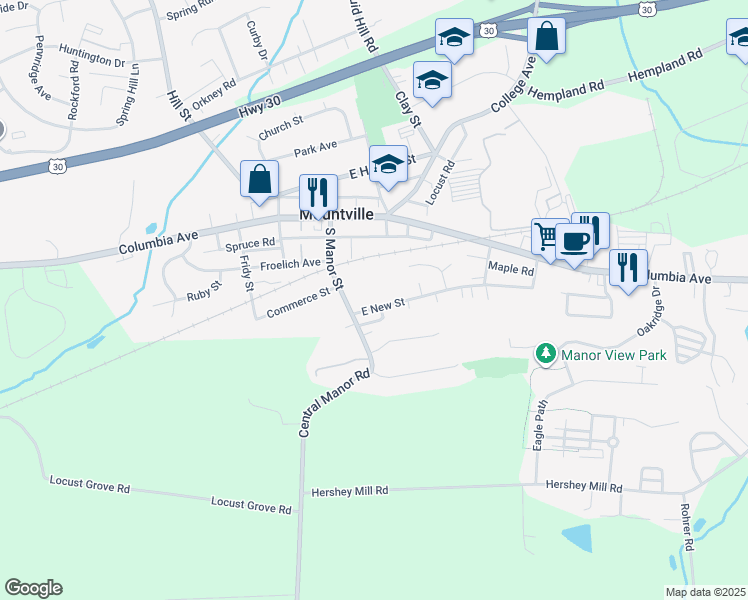 map of restaurants, bars, coffee shops, grocery stores, and more near 19 East New Street in Mountville