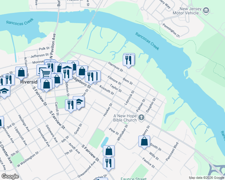 map of restaurants, bars, coffee shops, grocery stores, and more near 533 Kossuth Street in Riverside