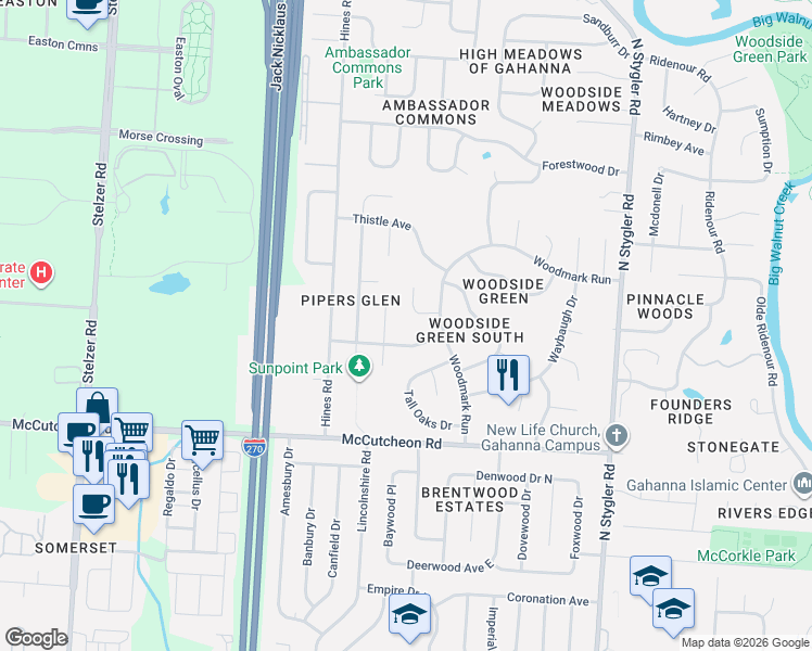 map of restaurants, bars, coffee shops, grocery stores, and more near 587 Shadewood Court in Columbus
