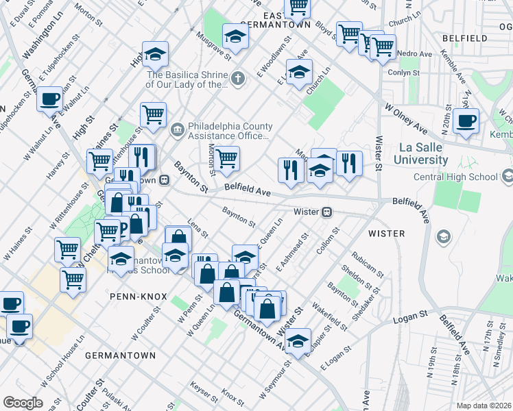 map of restaurants, bars, coffee shops, grocery stores, and more near 5309 Baynton Street in Philadelphia