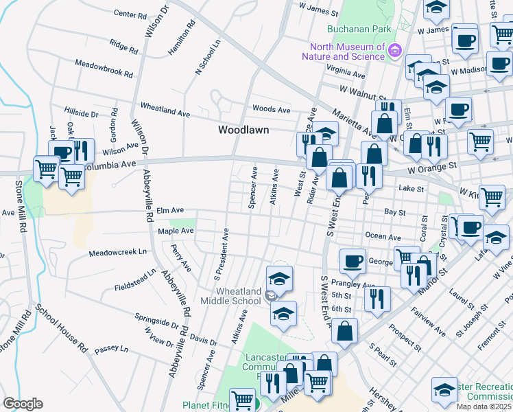 map of restaurants, bars, coffee shops, grocery stores, and more near 53 Spencer Avenue in Lancaster