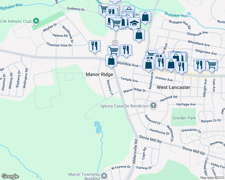 map of restaurants, bars, coffee shops, grocery stores, and more near 124 Millersville Road in Lancaster