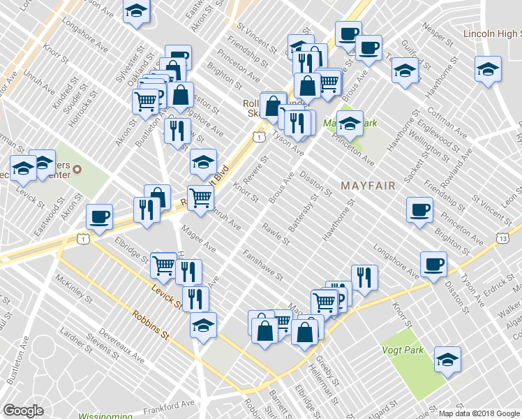 map of restaurants, bars, coffee shops, grocery stores, and more near 2842 Knorr Street in Philadelphia