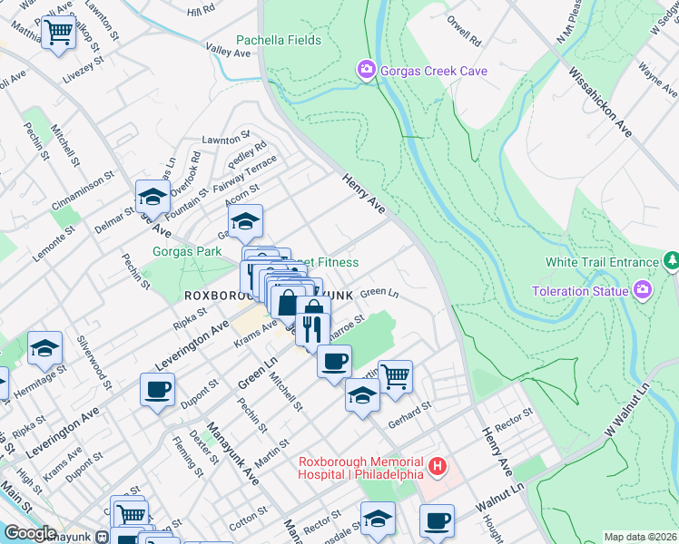 map of restaurants, bars, coffee shops, grocery stores, and more near 6172 Lawnton Street in Philadelphia