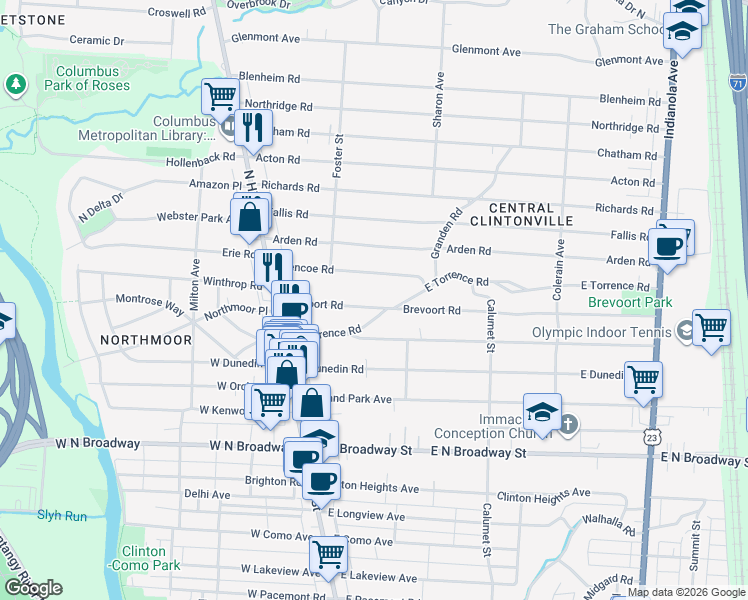 map of restaurants, bars, coffee shops, grocery stores, and more near 142 Brevoort Road in Columbus